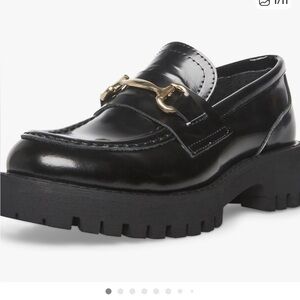 Steve Madden Lando Black Patent Loafers with Gold Horsebit